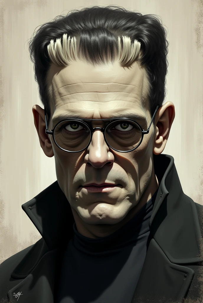 Frankenstien wearing glasses and fair skinned with beard 
