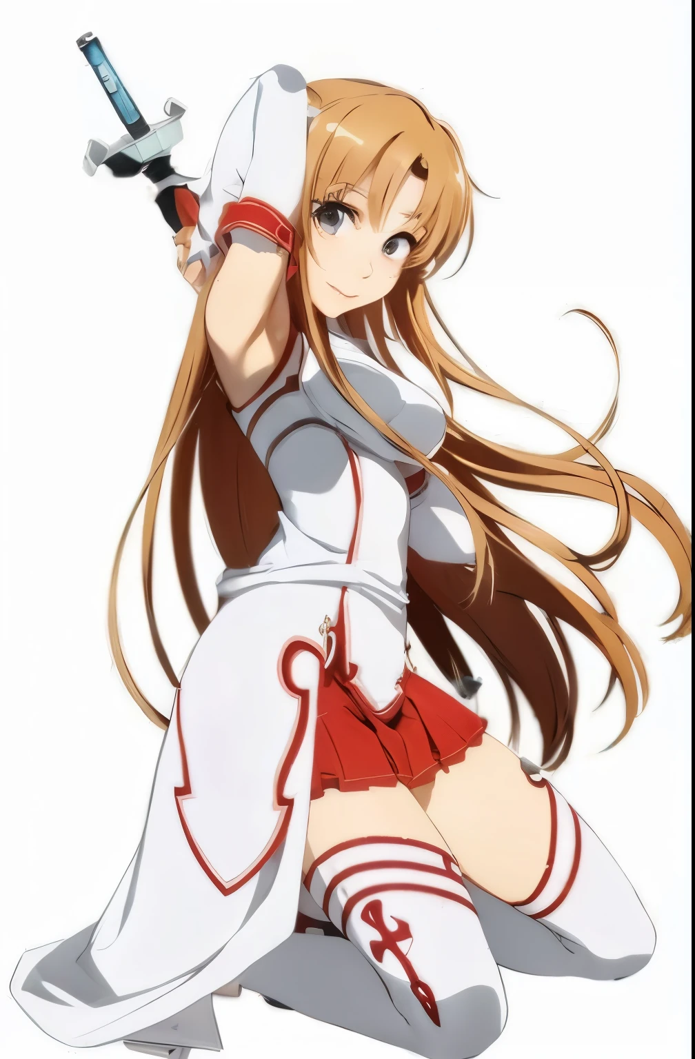 Asuna Yuki(Sword Art Online), dynamic angle, Long bronze hair,braid,Brown eyes,Detailed eyes,Large chest line,roll forward,armature,chest flap,White luxury shirt with long luxury sleeves,Detached sleeves,Red and white luxury skirt,pleatedskirt,Lifelike,Her thin legs are so cute.,Very beautiful long legs.,white thighhig, luxury garters,Perfect body,Lifelike,Standing,white lace luxury panties,fighting style,fighting pose, dynamic pose hand holding a luxury sword gripping luxury sword in hand,up skirt,