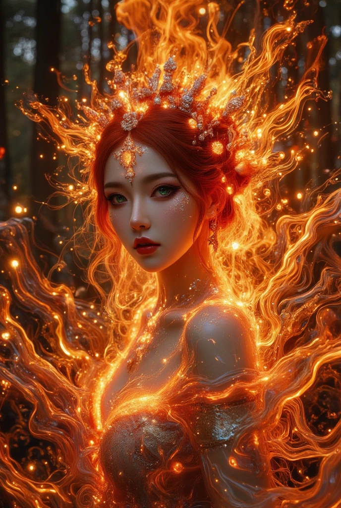 A hyperrealistic, ultra-detailed oil painting in a vertical 9:16 format of a mesmerizing, nocturnal forest scene illuminated by a massive bonfire. The fire is roaring, with towering flames and thick, swirling smoke that creates a haunting, dramatic atmosphere. Emerging from the heart of the fire and smoke is the upper body of an extraordinarily beautiful forest nymph. Her figure seamlessly transforms from the flames and smoke, as if she is born from them, her form blending with the fiery tendrils and smoky wisps. Her face is breathtaking, with stunningly intense green eyes that radiate otherworldly allure, and full, sensual lips that captivate the viewer. Her fiery red hair is wild and cascading, intertwining with the flames around her, giving her an ethereal, almost supernatural presence. Her expression is enigmatic, simultaneously fierce and gentle, as she gazes into the night with a hypnotic power. The forest nymph es absolutely beautiful and captivating. The background is a dense, dark forest barely visible through the intense glow of the bonfire, creating a stark contrast and enhancing the mystery of the scene. Inspired by artists like Gustave Doré and John William Waterhouse, this painting captures an ethereal fusion where the nymph is not merely overlaid on the fire, but truly born from it, her form organically intertwined with the flames and smoke.