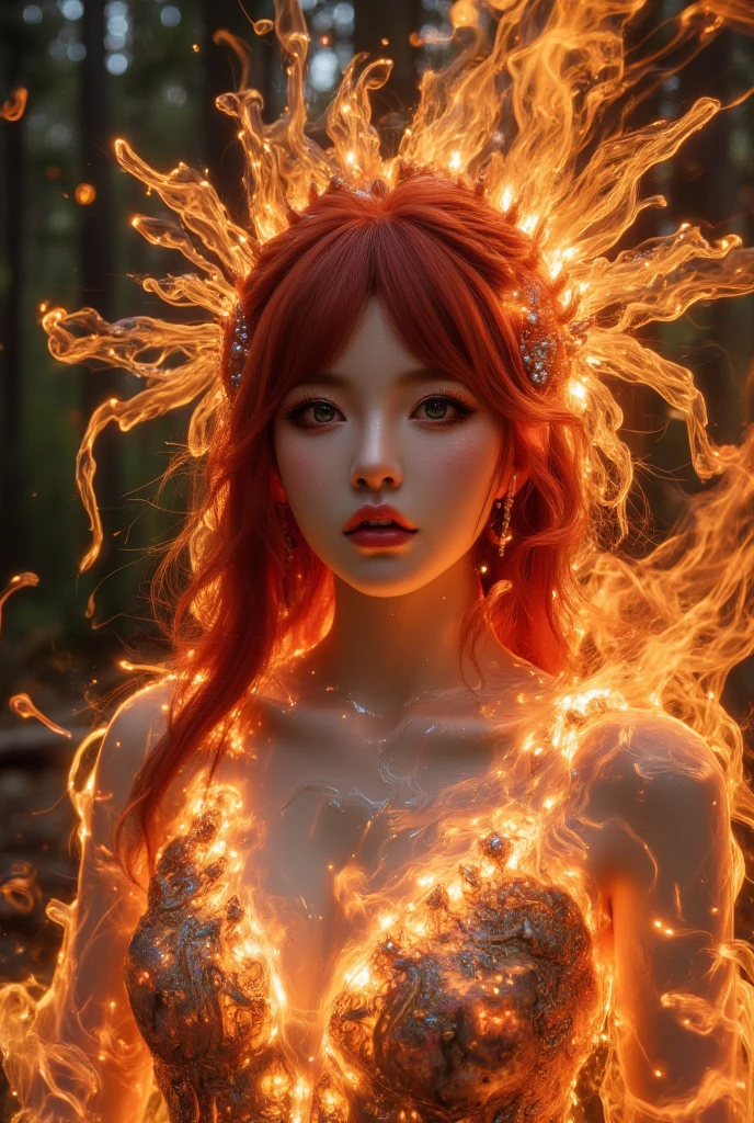 A hyperrealistic, ultra-detailed oil painting in a vertical 9:16 format of a mesmerizing, nocturnal forest scene illuminated by a massive bonfire. The fire is roaring, with towering flames and thick, swirling smoke that creates a haunting, dramatic atmosphere. Emerging from the heart of the fire and smoke is the upper body of an extraordinarily beautiful forest nymph. Her figure seamlessly transforms from the flames and smoke, as if she is born from them, her form blending with the fiery tendrils and smoky wisps. Her face is breathtaking, with stunningly intense green eyes that radiate otherworldly allure, and full, sensual lips that captivate the viewer. Her fiery red hair is wild and cascading, intertwining with the flames around her, giving her an ethereal, almost supernatural presence. Her expression is enigmatic, simultaneously fierce and gentle, as she gazes into the night with a hypnotic power. The forest nymph es absolutely beautiful and captivating. The background is a dense, dark forest barely visible through the intense glow of the bonfire, creating a stark contrast and enhancing the mystery of the scene. Inspired by artists like Gustave Doré and John William Waterhouse, this painting captures an ethereal fusion where the nymph is not merely overlaid on the fire, but truly born from it, her form organically intertwined with the flames and smoke.