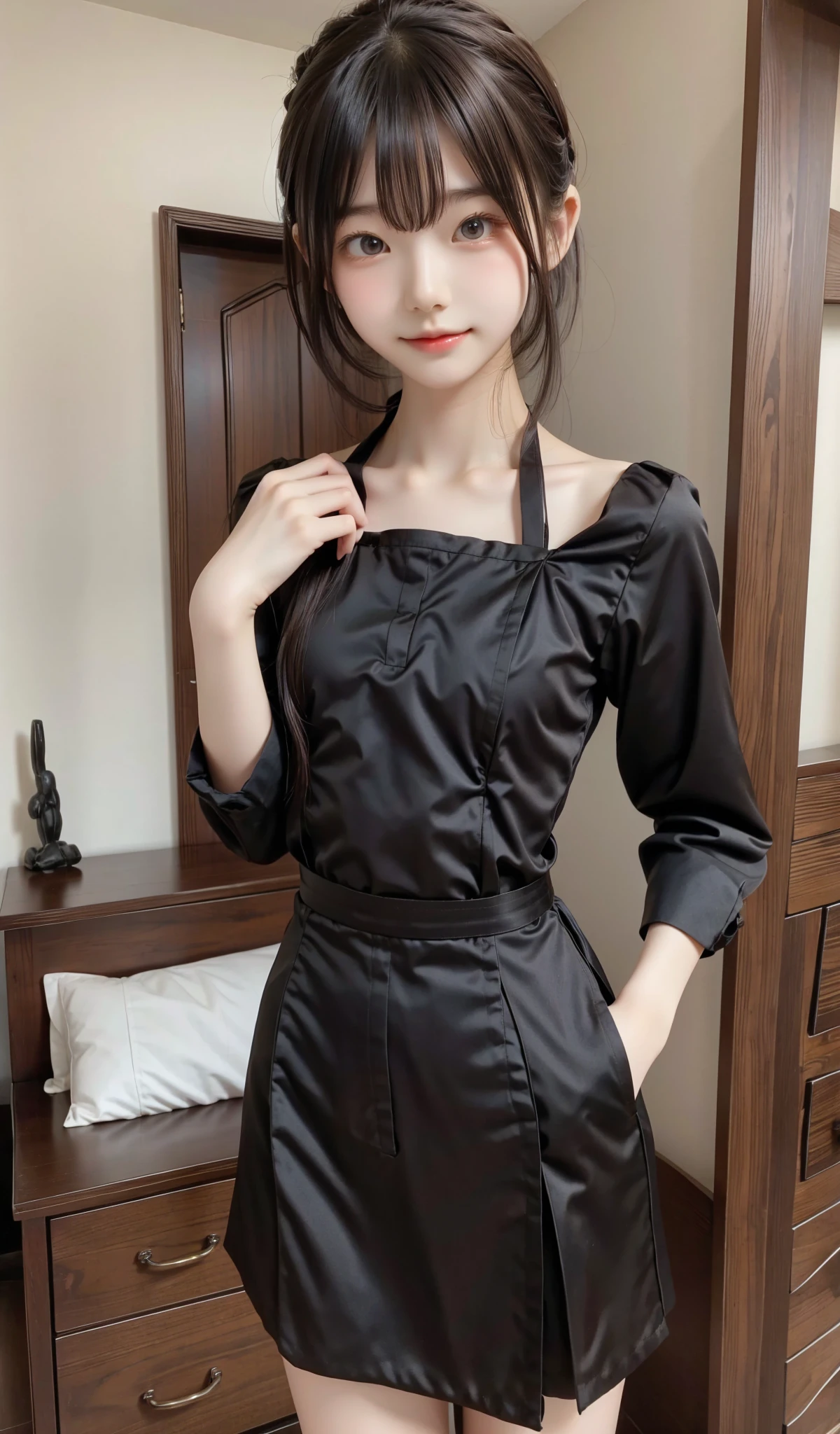 Maid, chignon hair,brown hair,slender body,cute pretty girl