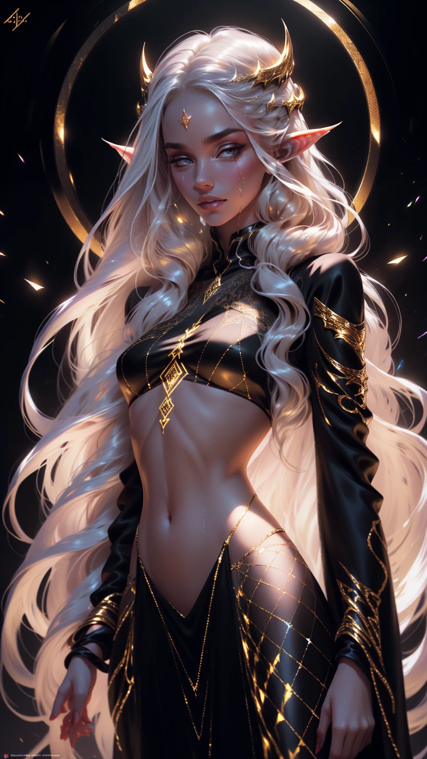 award winning 64k concept art of (black 1girl:1.2) in white majestic open dress standing bravely, posing, epic, god rays, centered, upper body, (masterpiece:1.2), (best quality:1.2), Amazing, highly detailed, beautiful, finely detailed, warm soft color grading, Depth of field, extremely detailed 64k, fine art, stunning, iridescent, shiny, (light reflections:1.2), (crisp:1.5), silver curls, storm, vibrant, sunlit, (edge detection:1.2), absurdres, impressive, 120mm, outlining, wide thighs