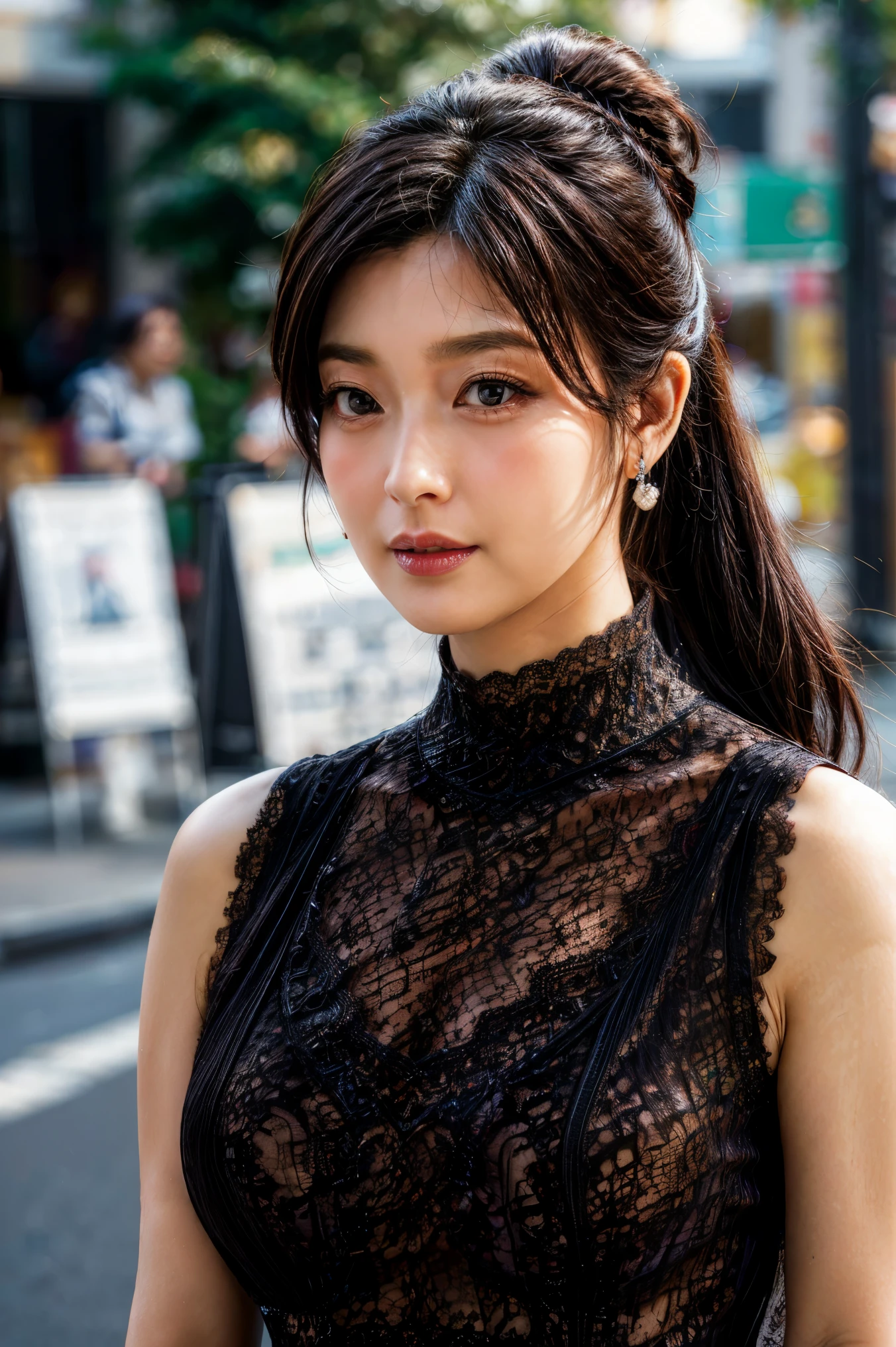 (high resolution photograph of a Japanese mature woman), realistic, photo-realistic, best quality, masterpiece, 8k, RAW photo, intricate details, extremely detailed, sharp focus, professional lighting, portrait, solo, 1girl, an elegant lady, sensual pose, medium breasts, (dark color dress, lace-trimmed dress, high neck, sleeveless:1.5), (forehead, medium hair, ponytail hair, hair scrunchie), pale skin, detailed face, beautiful detailed eyes, sophisticated nose, earrings with jewelry, pearl necklace, (serious face, closed mouth), looking at viewer, photo background, outdoors, street corner, crowds, daytime, 