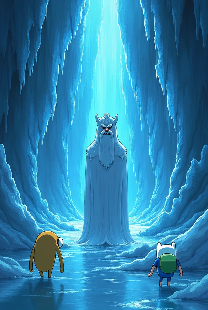 The Ice King in a frozen cave , surrounded by reflections of Finn and Jake in icy mirrors . He looks at the reflections with a mixture of sadness and hope , as cold blue light illuminates his face marked by madness