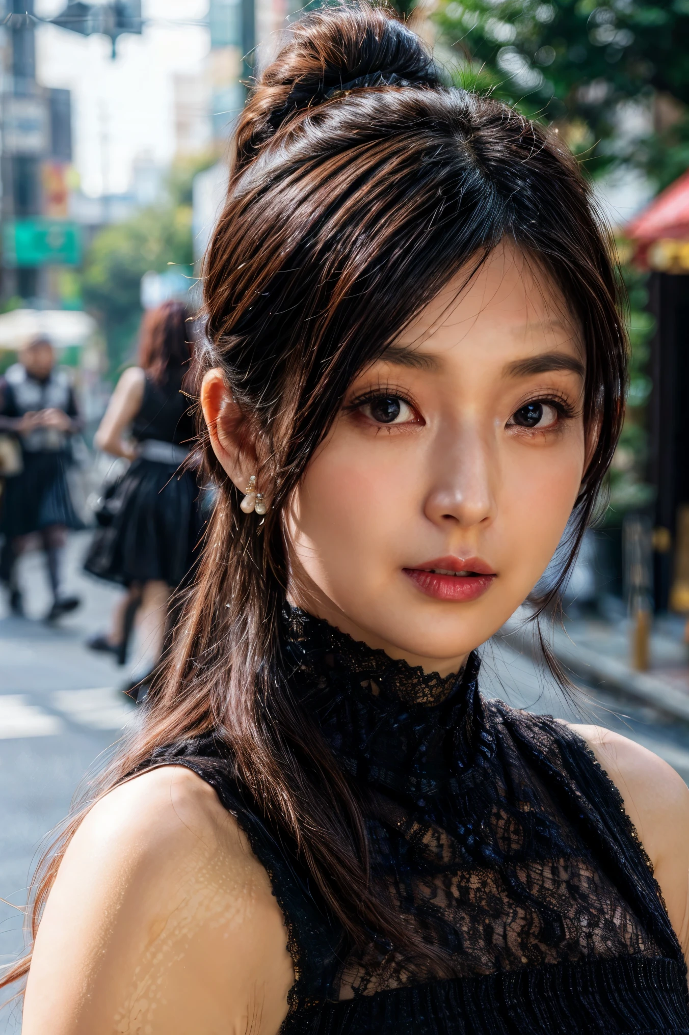 (high resolution photograph of a Japanese mature woman), realistic, photo-realistic, best quality, masterpiece, 8k, RAW photo, intricate details, extremely detailed, sharp focus, professional lighting, portrait, solo, 1girl, an elegant lady, sensual pose, medium breasts, (dark color dress, lace-trimmed dress, high neck, sleeveless:1.5), (forehead, medium hair, ponytail hair, hair scrunchie), pale skin, detailed face, beautiful detailed eyes, sophisticated nose, earrings with jewelry, pearl necklace, (serious face, closed mouth), looking at viewer, photo background, outdoors, street corner, crowds, daytime, 