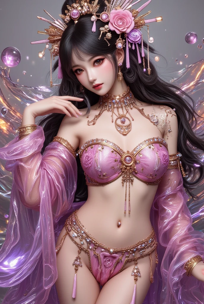 Generates a hyper-detailed full-body image of a female Chinese superhero, dressed in a pink and purple outfit., perfect composition, beautiful detailed intricate insanely detailed octane render trending on artstation, 8 k artistic photography, photorealistic concept art, soft natural volumetric cinematic perfect light, chiaroscuro, award - winning photograph, masterpiece, oil on canvas, raphael, caravaggio, greg rutkowski, beeple, beksinski, giger