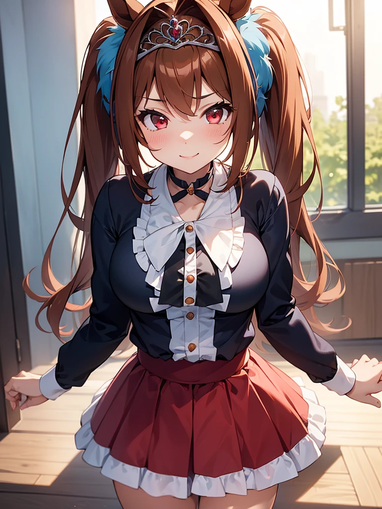 (​masterpiece、top-quality、hight resolution、Unity 8k、extremely details CG:1,Best Picture), 1girl,  Daiwa Scarlet (Uma Musume), ((tiara)), brown hair, hair intake, red eyes, long hair, twintails, animal ears, horse girl, Create an image of a stunningly beautiful woman casually approaching someone in a public space, confidently flirting in a playful and open way. She radiates warmth and genuine excitement about the idea of sex, making it clear that she enjoys physical connection and intimacy for its own sake. Her smile is sincere, and her body language is relaxed, giving off an approachable and non-threatening vibe, Very sexually attractive women.