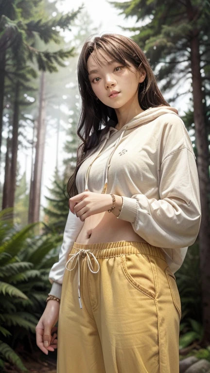 (((in the dark, in the dim deep mountain pass, looking away, round face))), ((eccentric pose, showing off her pubic hair, leaking pee, long hair)), wide spread legs, hoodie, sneakers,