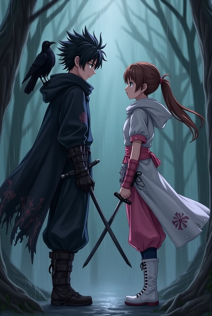 Handsome blindfolded swordsman youth (1 blindfolded man)，(the dark forest)，Cute  girl by his side。