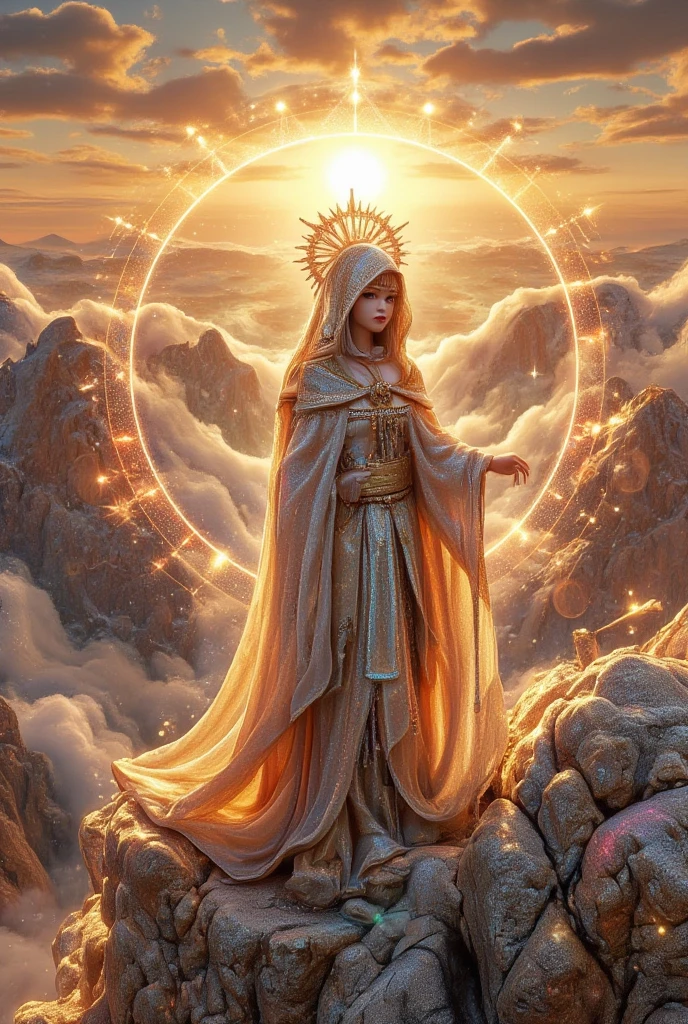 A person with a mask and hooded cloak on a mountain cliff standing confidently looking out with back turned into the distance in an ethereal, glowing space, surrounded by symbols of harmony and balance. The view is radiant and vibrant, with colors symbolizing clarity and strength, as the person looks with confidence. Subtle symbols or light trails around them to represent alignment with a higher reality