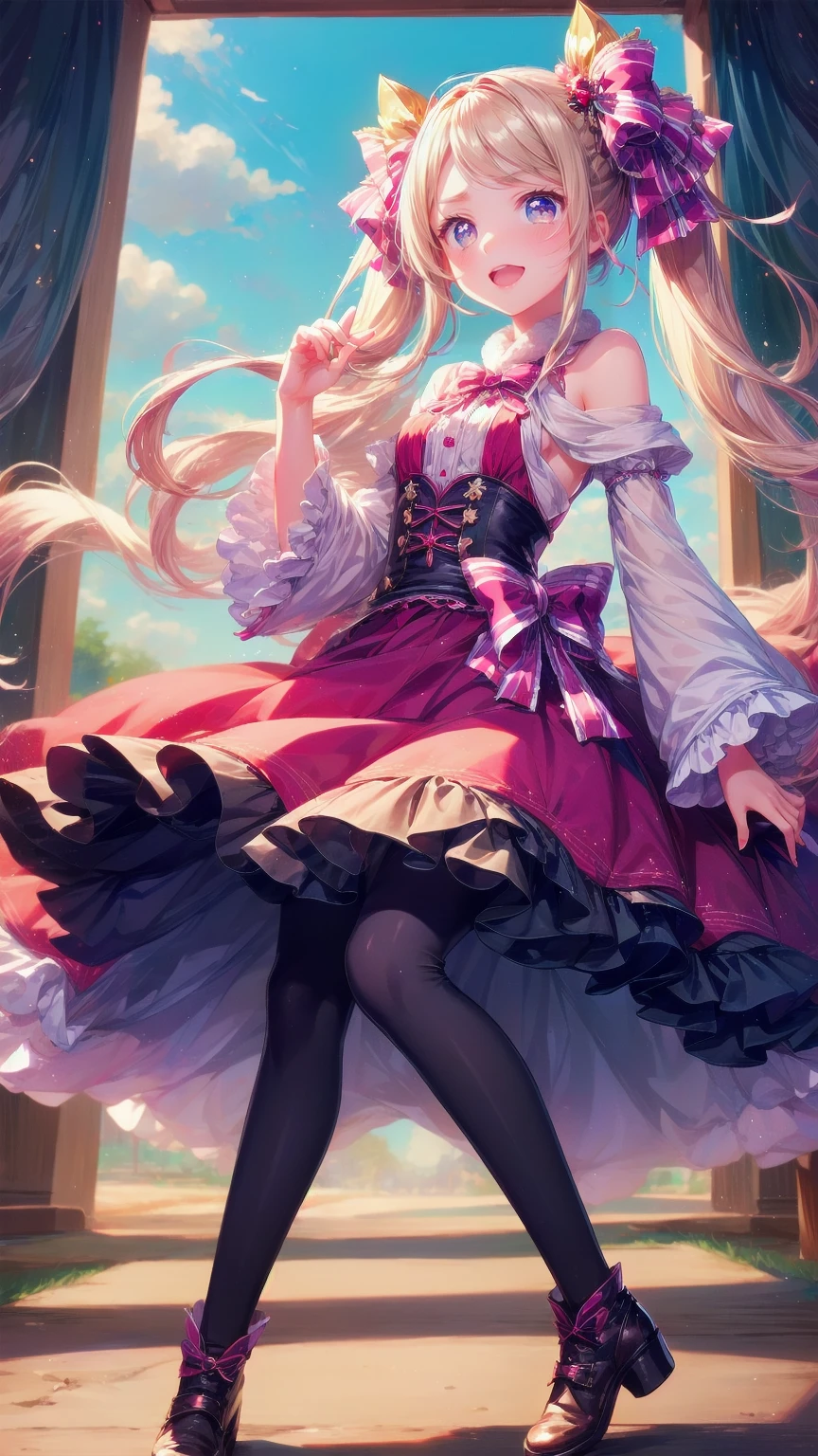 、 beautiful girl、とてもcute天使、 pink gothic dress 、cute、baby face、smile、 long skirt、 black long boots 、
