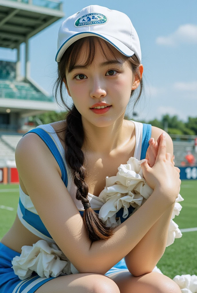 (Best quality, 8k, 32k, Masterpiece, UHD,:1.2),RAW, 1girl,ultra cute , natural lighting,transparent shining eyes, 20yo ,fair complexion, long hair, french braid, flushed face,femur, ,dynamic pose, (seductive smile, upper eyes, parted lips),(cheerleader with large pompom: 1.4), (stadium: 1.5), (slender: 1.3), (baseball cap:1.2),(baseball uniform:1.2), blue mini skirt, mini skirt with white line, crouching, showing panties, pink panties,