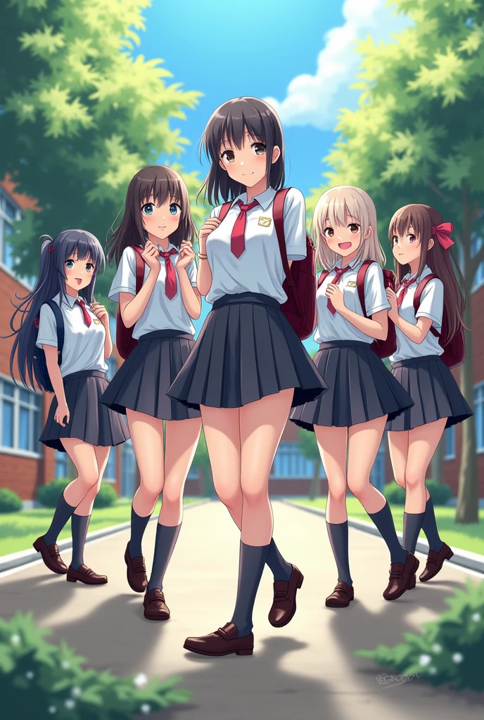 Three happy girls were sitting on the stone steps, take a full body photo、laugh happily、she was wearing a white blouse, vans sneakers, red check skirt、white sneakers, black hair, detached house, flowers,Happy girl with round face, Big eyes, long eyelashes, full body display、detailed private parts、Hairless、detailed female genitalia、spread legs、from directly below、I can see white panties