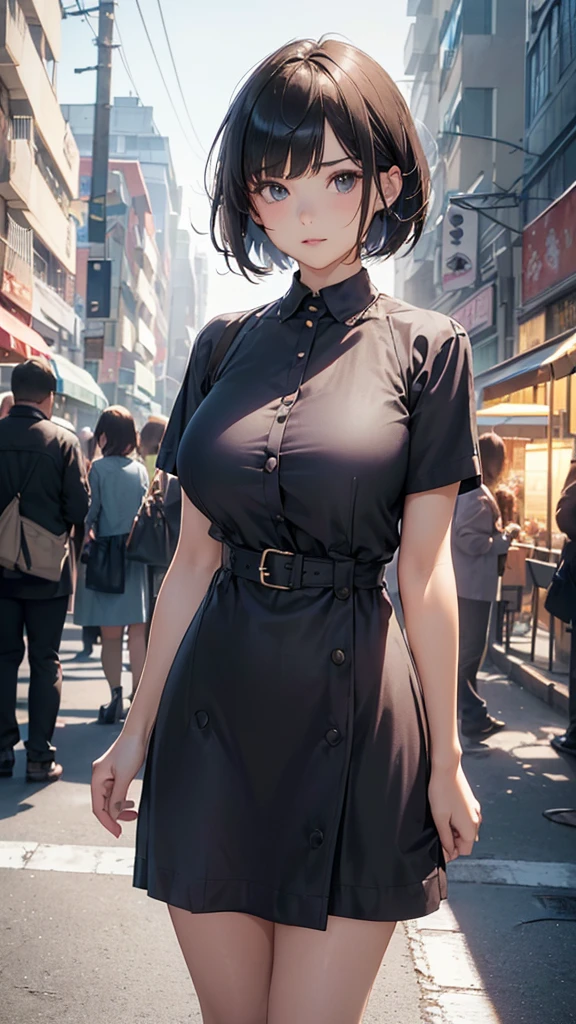  Quality Best , 1 Girl, (S potassium indentation), ( huge breasts:1.2), (blur bac钾ground:0.6), (street:1.2), (people, crowd:1), garden, sky, Outdoor, (Casual yet stylish, Elegant cloth, high nec钾 dress:1.5), Gorgeous, ( bangs, Short hair:1.5), ( flowing hair:1.2), ( dynamic posture:1.2),  soft lighting, wind, (Front Light:1.5),  I don&#39;t care, 