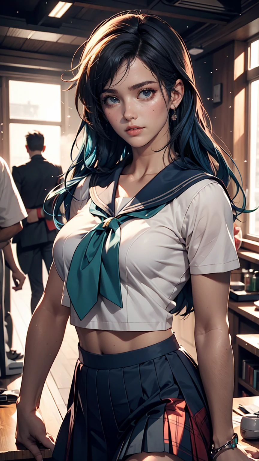 (masterpiece), ( highest quality ), realistic,  Cinematic light , Makoto Kino, Sailor Jupiter, To stay, battlefield background,  perfect body , blue hair, uniform  