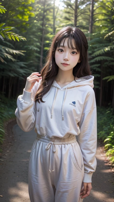 A high-quality photograph of an Asian woman beauty pose with long, wavy brown hair standing in a sunlit forest. She is wearing a white hoodie , yellow pants, and a bracelet on her left wrist. She holds a small bunch of pine cones in her left hand. The lighting is natural, soft, and warm, coming from the setting sun behind her. The camera angle is slightly low, looking up at her. The background is blurred with tall trees and greenery, creating a serene and peaceful atmosphere. The composition follows the rule of thirds, with the woman positioned off-center. The overall aesthetic quality is very high, with a calm and tranquil mood.