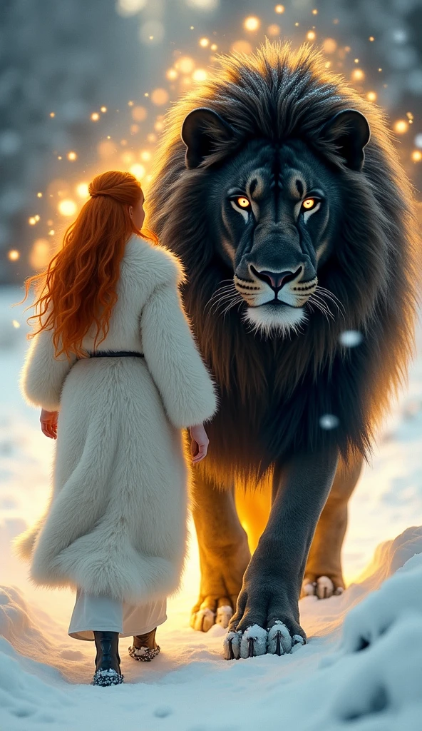 "Create an image of a beautiful red-haired woman, walking alongside a huge black lion with long fur. Bright neon pink eyes. The huge lion is outlined in neon yellow and is surrounded by a bright yellow light, resembling glowing spirits. The woman wears a Viking princess outfit made of all-white wolf fur, with intricate and hyper-detailed textures and realistic flow and sound. The environment is heavily snowed in. The huge lion exudes power and strength. I am the photographer and they are looking at me. Ethereal light enveloping the character", "HDR lighting,"
24-bit colors, full color, Stable diffusion, virtual, ultra-HD: 0.9) (cinematic atmosphere, dynamic lighting: 0.85) (natural light highlighting their form and clothing: 0.75) (steady diffusion for smooth and realistic movement: 0.85) (8k resolution, HDR, intricate details in the environment, their clothing and their glowing presence: 0.9) (Both exude strength and confidence, creating a powerful and ethereal scene: 0.85)."