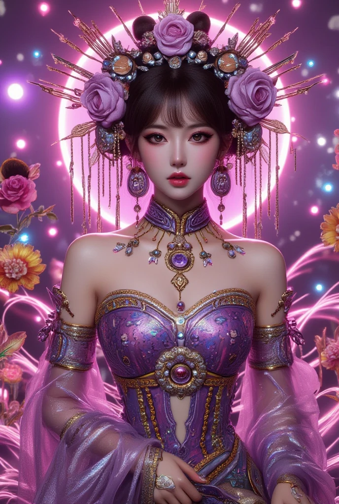  purple rose cheongsam cyberfantasy mecha ,  stylish cyberpunk style mecha suit ,  with a dreamy high split purple rose short cheongsam paint,  shows a fierce female fighter , Strong posture , confidence,  ready to dominate future battlefields under neon lights 