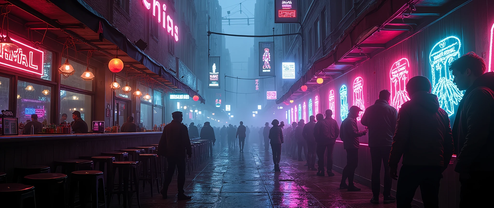 image cyberpunk réaliste et détaillé, Dans les bas-fonds d’une métropole inspiré de paris, étouffée par les hologrammes criards et les pluies acides, Pulsation Néon vibre au rythme d’une révolte silencieuse. Ce night-club, repère des hackers, cyborgs et rêveurs désenchantés, est un sanctuaire pour ceux qui échappent à l’emprise des mégacorporations, capturée avec un appareil photo de haute qualité, comme un Canon EOS R5