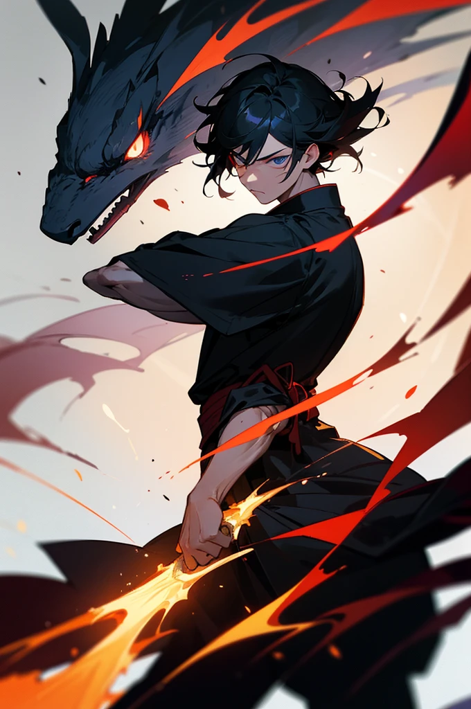 A boy surrounded by dark shadowy smoke which is formed into sharp claws, a black sash demon is behind him, and the boy's eyes dark red