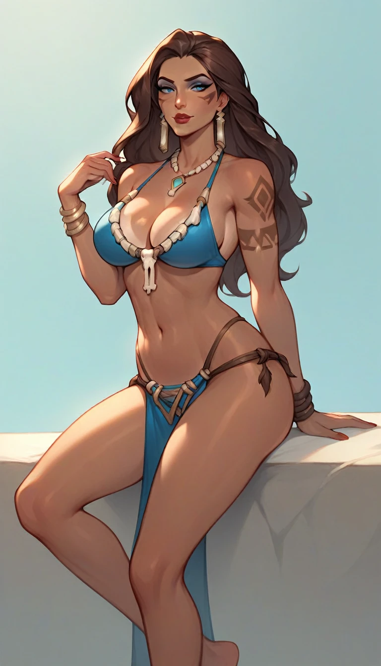 a close up of a woman with white paint on her body, commission for high res, giantess art, [ 4 k digital art ]!!, full art illustration, symmetra from overwatch, low detailed. digital painting, oc commission, extremely detailed woman, brittney lee, samira from league of legends, 1girl, breasts, jewelry, swimsuit, solo, brown hair, bikini, long hair, makeup, large breasts, earrings, blue eyes, necklace, barefoot, lipstick, cleavage, navel, sitting, eyeshadow,Pauline, Earrings, makeup, long brown hair, blue eyes, tanned, tattoo white,leopard loincloth, dark skin, dark tanned,Tribal, Tribal Body Paint, Tribal Face Paint, Tribal Tattoos, beaded necklace, bone necklace, bone earrings, bone bracelets, bangles, Fur Lined Tribal Crop Top, Fur Lined Tribal Skirt, Tribal Loin Cloth, More tattoos