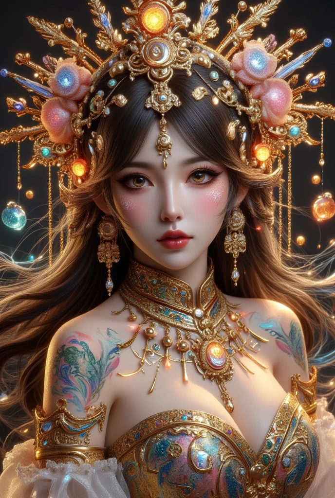 masterpiece， Top Quality ，(Cool colors:1.2)，Luminescence，火焰Luminescence，金属Luminescence， best quality ， Official Art ，( beautiful and aesthetic :1.2)，(1 Girl)，Full body shot，from head to foot， extremely detailed eyes ，(Fractal Art:1.3)，  colorful ，The most detailed，(Perfect face shape)， With Sword Thongs ，hdr，( white cape gold thread :1.2)，Star，(Light lines)， eye-catching visual effects ，(Dynamic Stripes，Luminescence轨道:1.2)， bright colors，(Phoenix breastplate， Phoenix combat boots ， wind-colored stockings )，(Dragon helmet )， Extremely detailed and intricate，grace，gorgeous，Hyper-Reality， super detailed， Rococo style ， game scene ，Retro dark ， cyberpunk，Skin radiance，Braid，