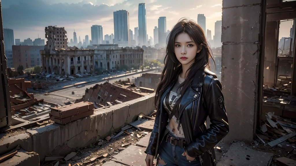 masterpiece, High Resolution ,8K,(Portrait Photos:1.5),(R Original Photo),Reality,Digital Photography,(Apocalyptic ruins ),City ruins，beautiful 20 year old woman，sentry， post-apocalyptic scene，Medium distance photography， torn clothes 