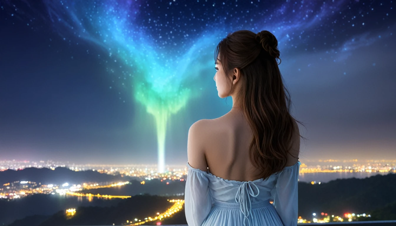 (((at night))), 1girl, solo, under starry sky, surrounded by spiral ethereal aurora, photo realistic huge-breast gorgeous busty slim woman, perfect face, wind-blowing black long hair, (((extreamly low-cut translucent:2.2 high-waist one-piece galaxy glowing short minidress exposing G-string panty))), smoky twirl dress, off shoulder, (((breast cleavage))), free dancing with the rythem of aurora lights, standing hip-up pose, (slow motion blur effects), (((half-body low angle above thigh medium shot))), dark background:1.8