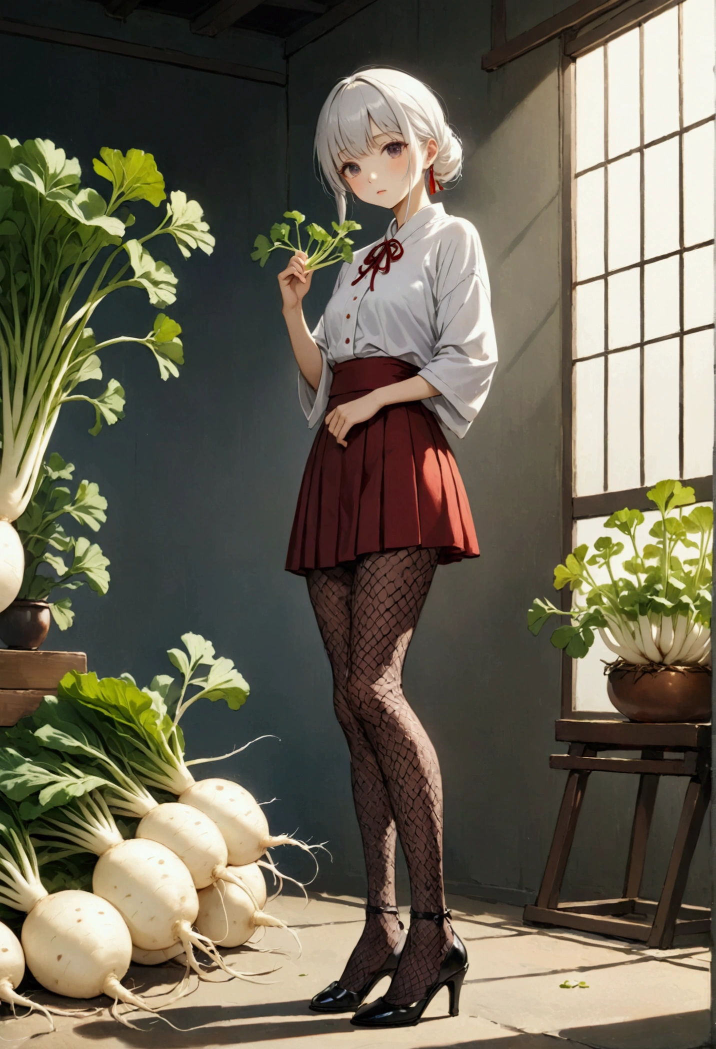 (Japanese white radish ),photo shoot, fishnet tights