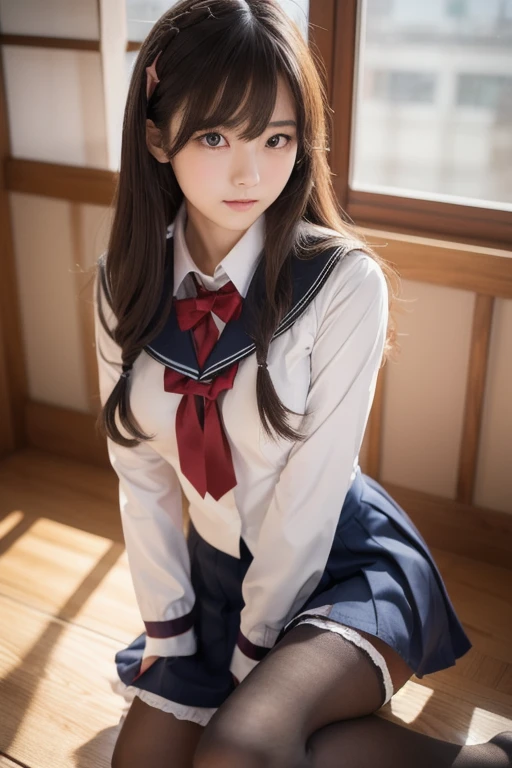 Anime Girls sitting on a bench in a classroom with a blackboard, beautiful anime high high school girl, a Surreal , 現実的なhigh school girl, Beautiful breasts, ribbon, Brown Hair, young Anime Girls, Surreal , Cute girl anime visuals, Anime Girls, Anime Girls with long hair, cute Anime Girls, Smooth anime CG art, high school girl, an Anime Girls, seductive Anime Girls, (Detailed eyes and face:1.3, Professional photography techniques), (Detailed hands), (Highest quality, 8K, masterpiece:1.2, RAW Photos), Gaze at the viewer, (blush:1.2), Sexy expression