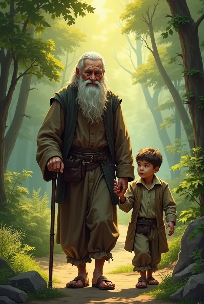 A boy in the forest meets his grandfather