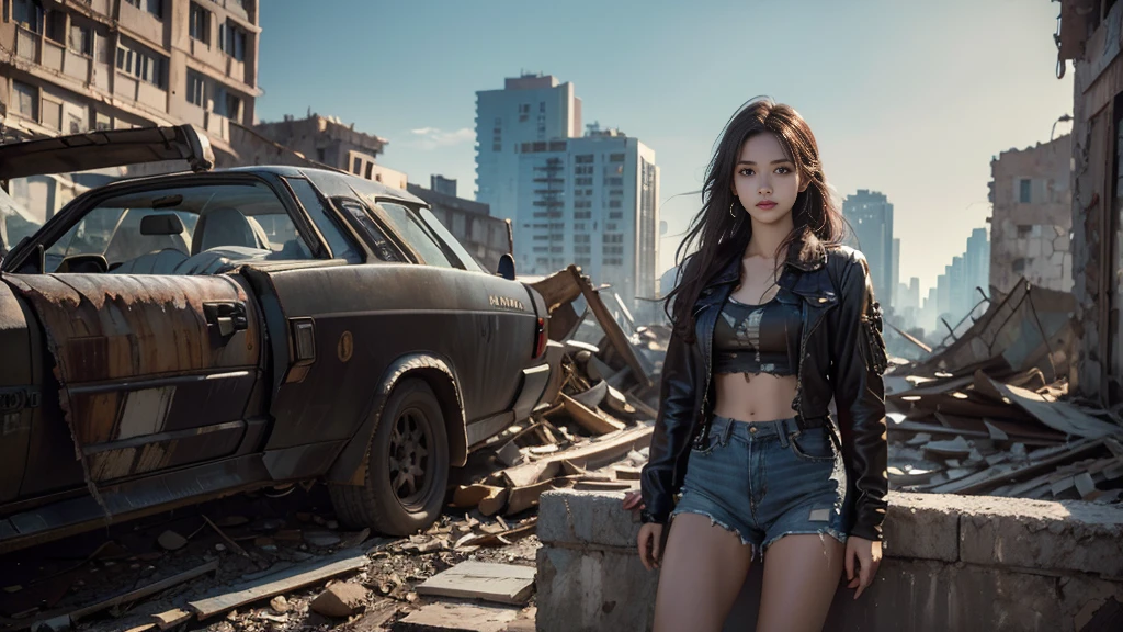 masterpiece, High Resolution ,8K,(Portrait Photos:1.5),(R Original Photo),Reality,Digital Photography,(Apocalyptic ruins ),City ruins，beautiful 20 year old woman，sentry， post-apocalyptic scene，Medium distance photography， torn clothes 