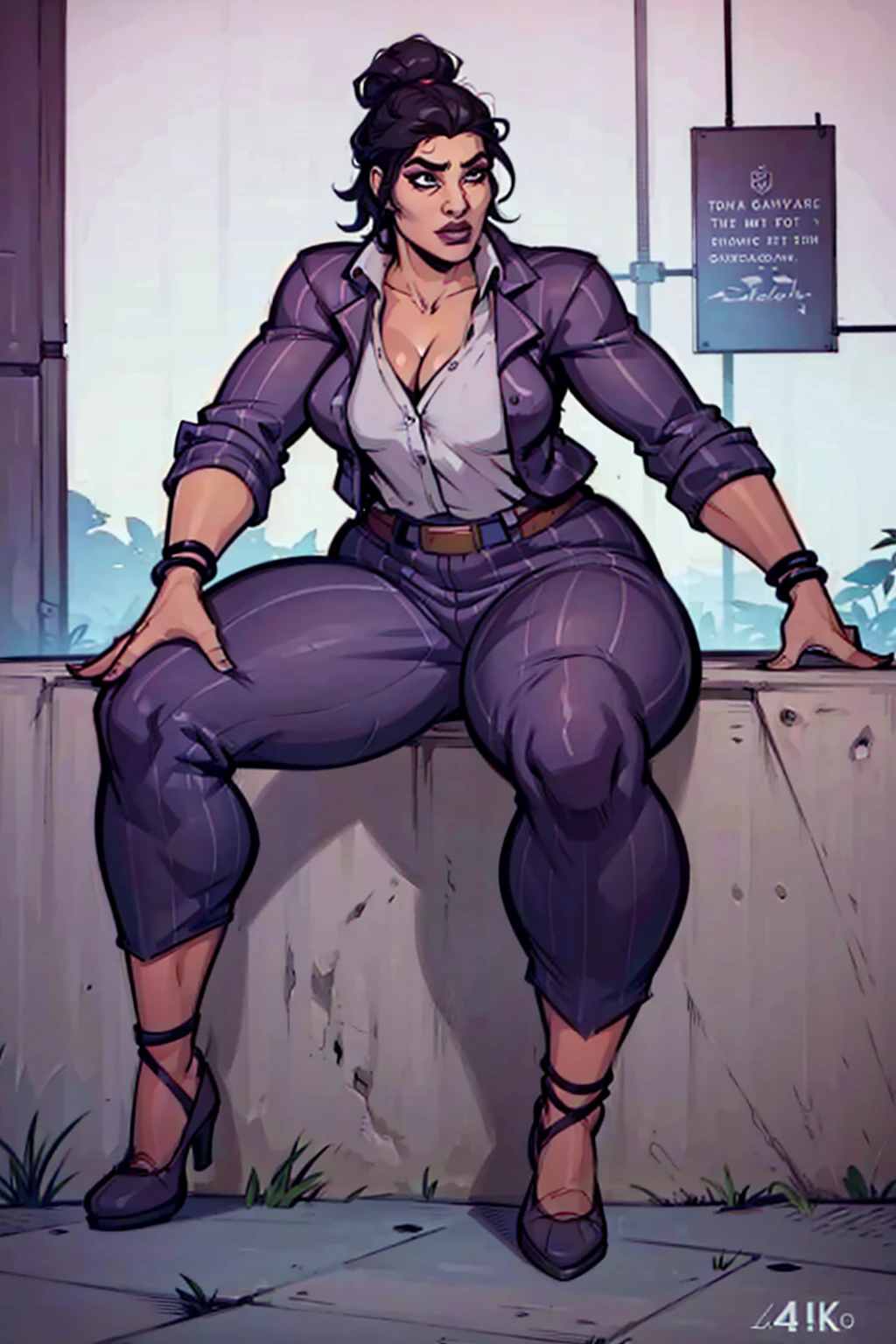 Digital art, highly detailed, reference sheet, angled view, sexy sitting pose, legs spread apart, mature woman, adult female, plump curvy figure, whole body, form-fitting, Jane Romero (Dead by Daylight game) inspired costume, pinstriped blazer, blouse, belt, pinstriped baggy pants that ends above the ankle, belt, flat office heels, 1woman, solo, upper body, lower body, ((Extremely Detailed)), ((Best Quality)), ((Masterpiece)), ((4k)).
