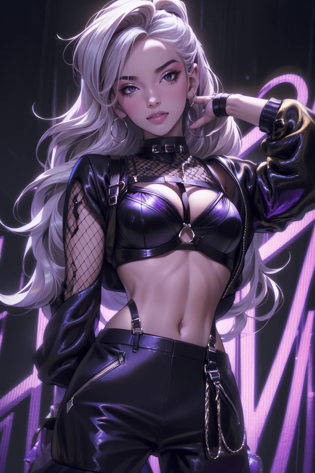 { - anatomy error} (Masterpiece - Ultra-detailed, very high resolution) 1woman, 30 years old, evekda, white hair, bangs, earings, (yellow eyes) in black, cropped purple-blue jacket, (harness bra), 3d, render, dinamic poses
