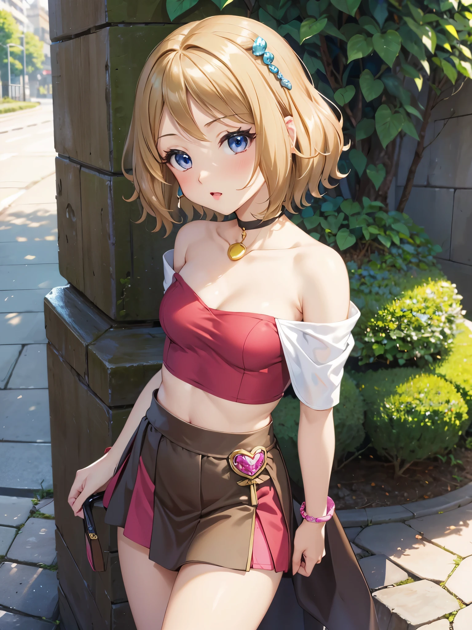 1woman, beautiful woman, photo of slim girl model, cute young woman, happy, small, (Young), good-looking, very short blouse, miniskirt, light brown hair, short hair, wavy hair, bare arms, large breasts, blue eyes, perfect anatomy, perfect hands, detailed eyes, navel, midriff, beautiful and detailed lips, woven bracelets, outdoors, japanese street, standing, standing on one leg, close up, long eyelashes, beautiful face, detailed eyelashes, detailed lips, lip gloss, anime style, naughty face, bare shoulders, plunging neckline,