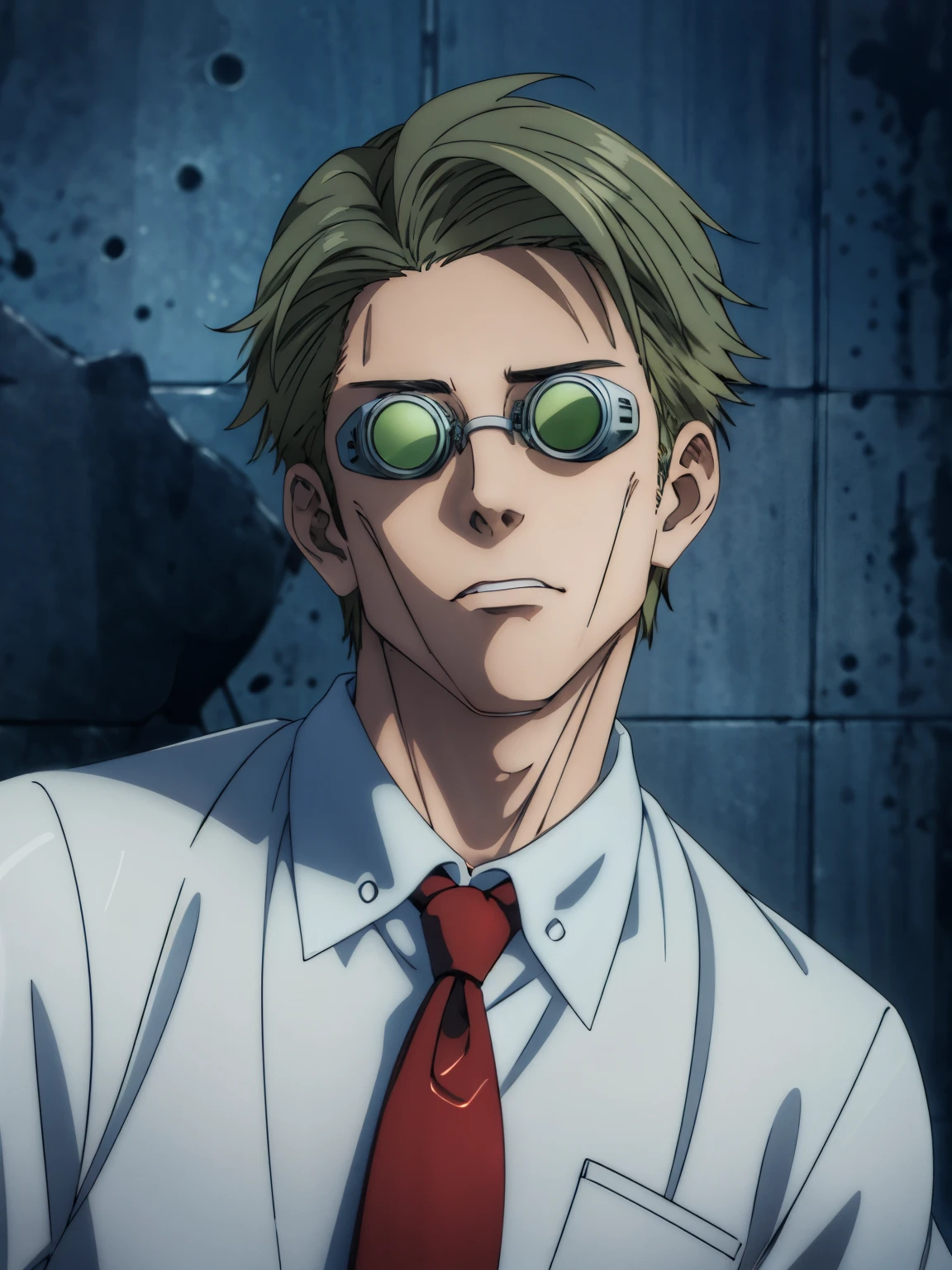 arafed man in a white shirt and red tie posing for a picture, ((Kentomi)),masterpiece,highres,high quality,extremely detailed,goggles,tinted eyewear,serious,formal,fighting_stance,