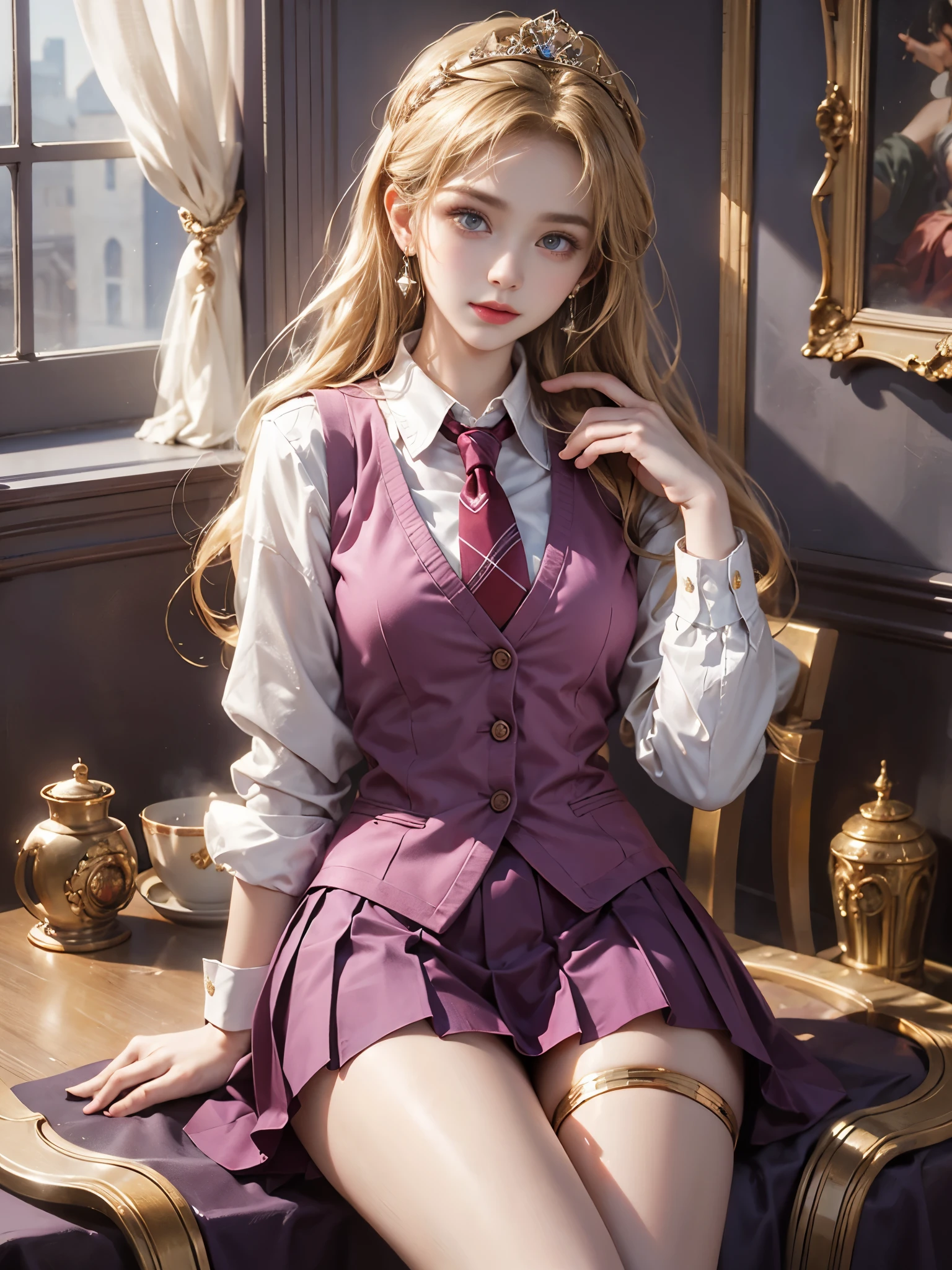 school uniform, necktie, backpack, pink vest, sweater vest, collared shirt, long sleeves, pleated skirt, pantyhose, (full-body pose), 1girl, solo, (masterpiece, best quality), 1girl, solo, (detailed pose description:), sitting elegantly with right leg crossed over left thigh at 45-degree angle, spine straight but torso leaning 15 degrees forward, left palm placed delicately on floor at hip level for support, right hand resting naturally on right thigh, upper body twisted 30 degrees to face viewer while maintaining seated position, head tilted 20 degrees to the right side with gentle neck curve, shoulders relaxed and slightly lowered, (end pose description), long curly blonde hair, partial braiding, noble accessories, jeweled necklaces, earrings, tiara, soft charming expression, slight smile, focused eyes, interior background, large circular windows, soft light, dreamy colors, warm lighting, star effect, elegant, dreamy, romantic, mysterious, refined, ultra-detailed, photorealistic, 8K resolution, soft lighting, cinematic shading, volumetric light, sharp focus, vivid colors, intricate textures, flawless skin, expressive eyes, natural blush, realistic body proportions, smooth skin texture, delicate jewelry with gemstone details