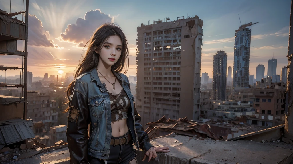 masterpiece, High Resolution ,8K,(Portrait Photos:1.5),(R Original Photo),Reality,Digital Photography,(Apocalyptic ruins ),City ruins，beautiful 20 year old woman，sentry， post-apocalyptic scene，Medium distance photography， torn clothes 