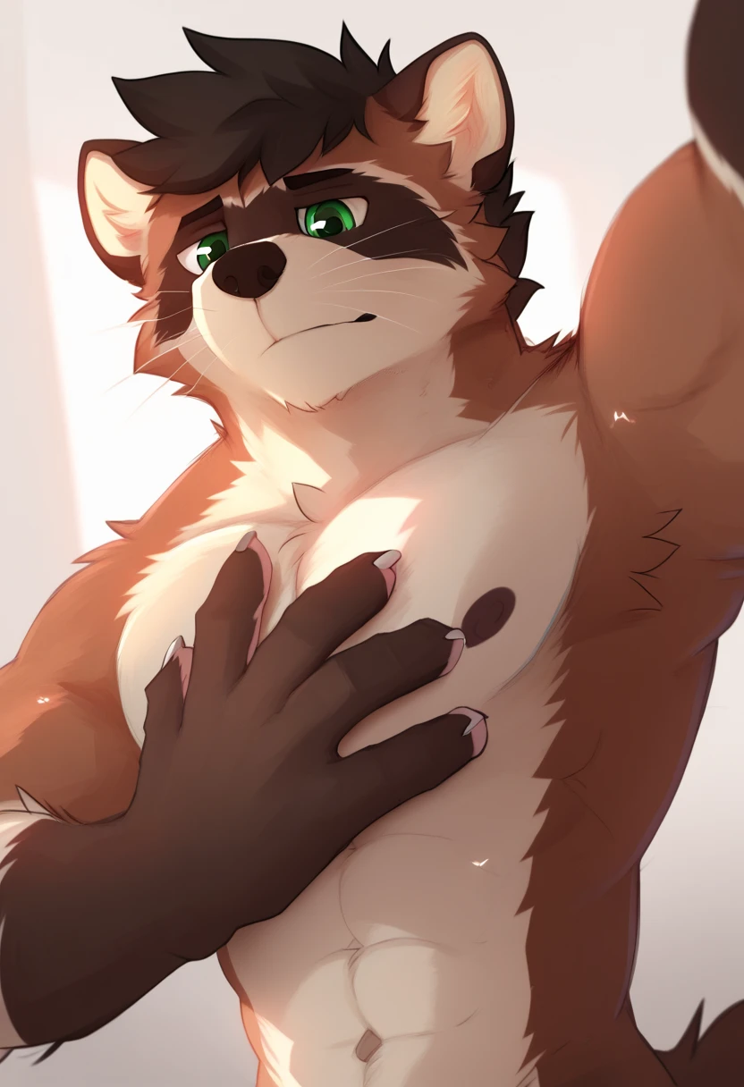 lobo,  detailed body,  detailed hands ,   pectorals defined,   green eyes, detailed eyes,   short hair,   brown fur  , ((pose)),  nude, por pache riggs