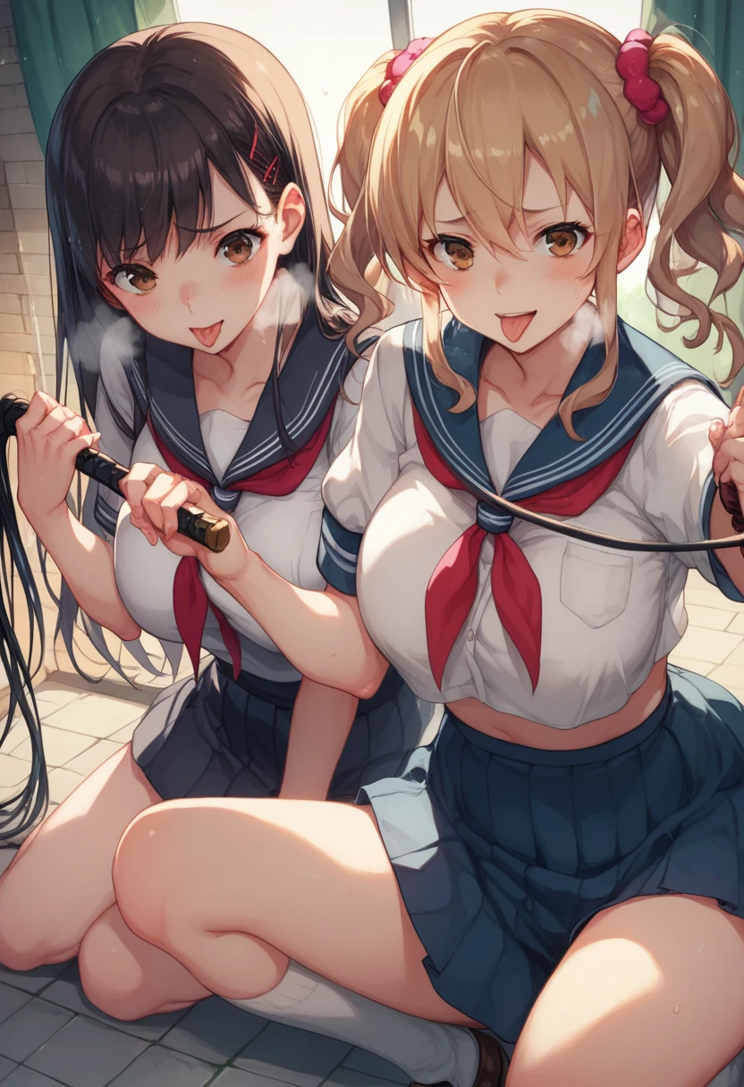 The background is a dark basement made of bricks 、Two women in their 20s with big breasts 、 Brown Eyes  、Yakumo Beni,  let them wear school uniforms or sailor uniforms。,  holding a long whip in their hands ,  床に鞭を置け composition showing the floor from the ceiling 、cute anime style picture,   tongue,  rough breathing, 