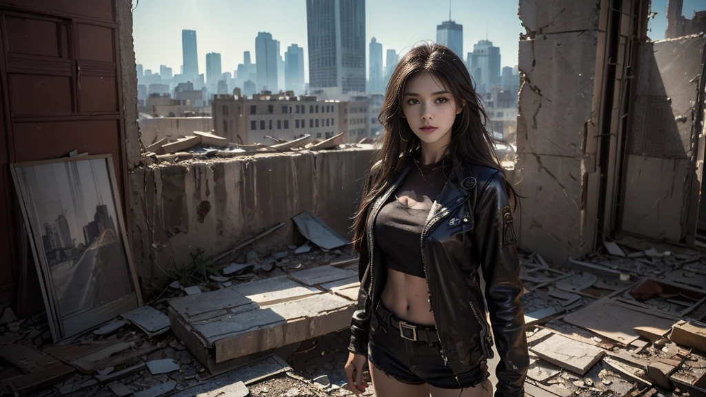 masterpiece, High Resolution ,8K,(Portrait Photos:1.5),(R Original Photo),Reality,Digital Photography,(Apocalyptic ruins ),City ruins，beautiful 20 year old woman，sentry， post-apocalyptic scene，Close-range photography， broken clothes