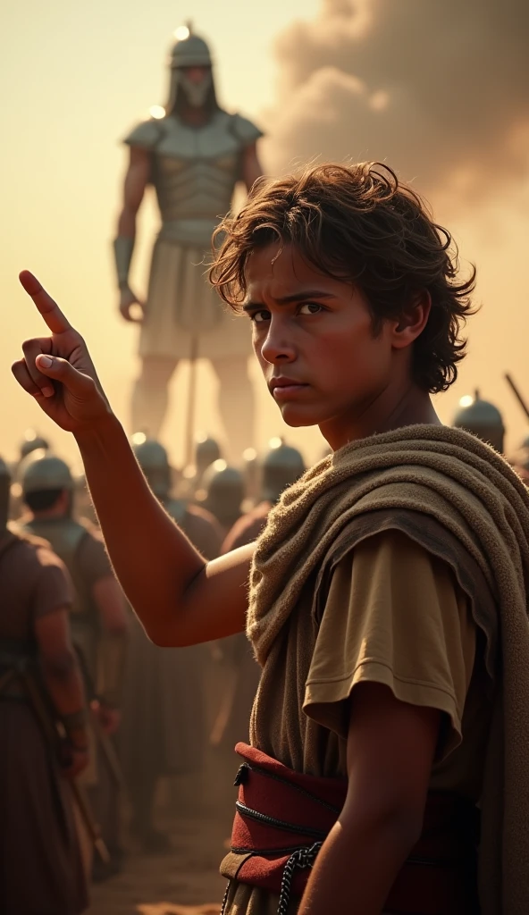 Create an ultra-detailed, photorealistic image of David from the Bible in a full-body stance, just before his battle with Goliath. Use these tags: (RAW photo:1.2), ((photorealistic:1.4), (masterpiece:1.3), (best quality:1.4)), ultra high res, (detailed facial features), (detailed clothes features), HDR, 8k resolution, skin tight, (shiny skin), (extreme detailed illustration), 1boy, clean, no Beard, stand.

David is a youthful, athletic boy, with a determined expression. His skin is slightly shiny, emphasizing his readiness for battle. He wears simple, skin-tight clothing, capturing every fold and texture with extreme detail. The scene is bright and clean, with David standing confidently, about to sling a stone. His hair is short and clean, and his facial features are highly detailed, highlighting his youth and focus.