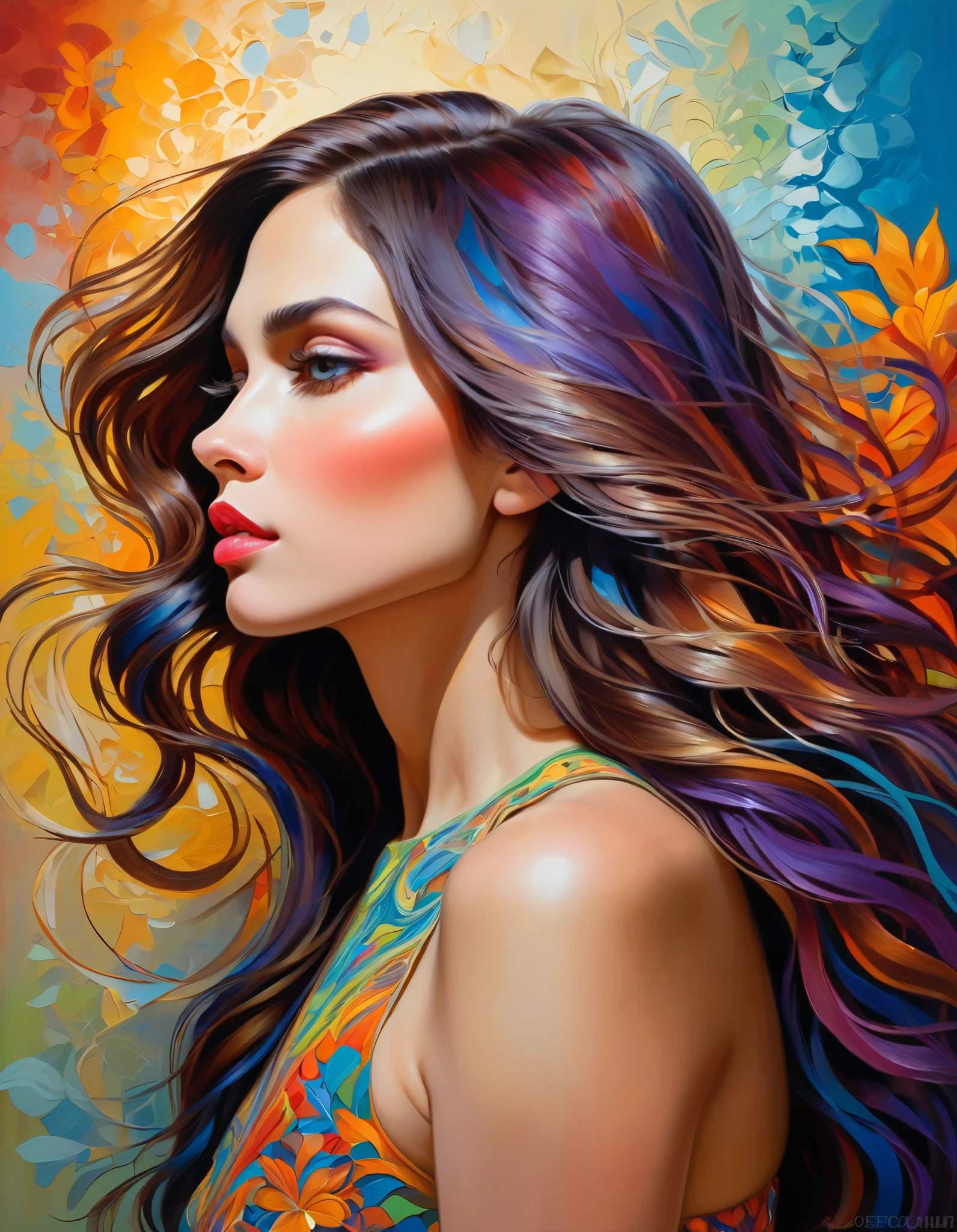 vibrant woman's profile,abstract realism,painting,acrylic on canvas,vibrant colors,highly detailed face profile,feminine features,long flowing hair with intricate patterns,subtle brush strokes,ethereal background,soft lighting,masterpiece:1.2,ultra-detailed,realistic:1.37,bright and bold colors,emotional expression,graceful and serene pose,contemporary art,modern interpretation,striking composition,meticulous attention to detail,matte finish,subtle texture,depth and dimension,rich and vibrant palette,complex layering of colors and textures,expressive eyes with intricate iris patterns,delicate lips with slight shine,smooth and flawless skin,gentle contouring and highlighting,harmonious blend of realism and abstraction,fluid and dynamic lines,gradual transitions between colors,indoor setting with soft diffused light,playful interaction between light and shadow,dynamic and captivating energy,mesmerizing and thought-provoking,unique and original art style