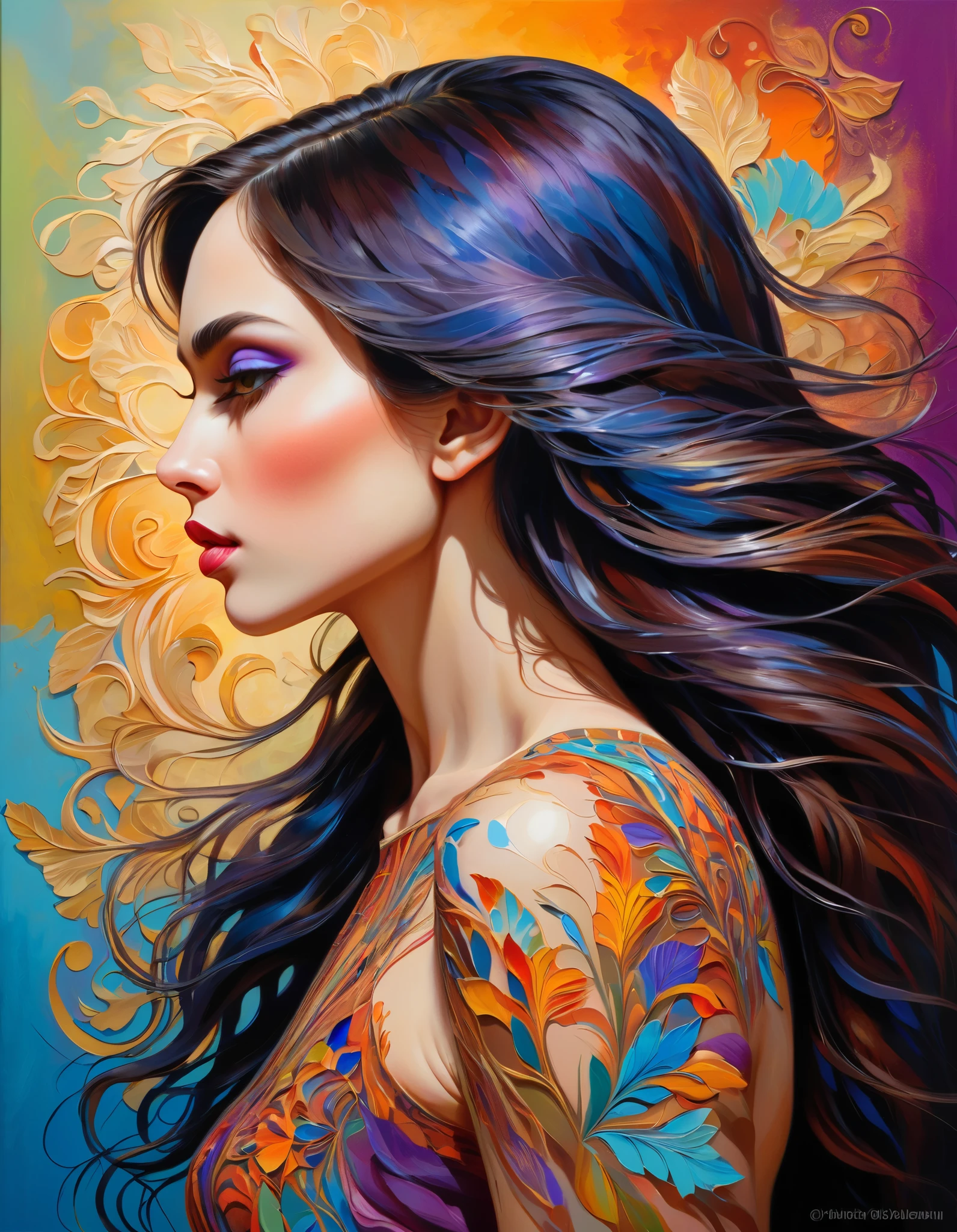 vibrant woman's profile,abstract realism,painting,acrylic on canvas,vibrant colors,highly detailed face profile,feminine features,long flowing hair with intricate patterns,subtle brush strokes,ethereal background,soft lighting,masterpiece:1.2,ultra-detailed,realistic:1.37,bright and bold colors,emotional expression,graceful and serene pose,contemporary art,modern interpretation,striking composition,meticulous attention to detail,matte finish,subtle texture,depth and dimension,rich and vibrant palette,complex layering of colors and textures,expressive eyes with intricate iris patterns,delicate lips with slight shine,smooth and flawless skin,gentle contouring and highlighting,harmonious blend of realism and abstraction,fluid and dynamic lines,gradual transitions between colors,indoor setting with soft diffused light,playful interaction between light and shadow,dynamic and captivating energy,mesmerizing and thought-provoking,unique and original art style