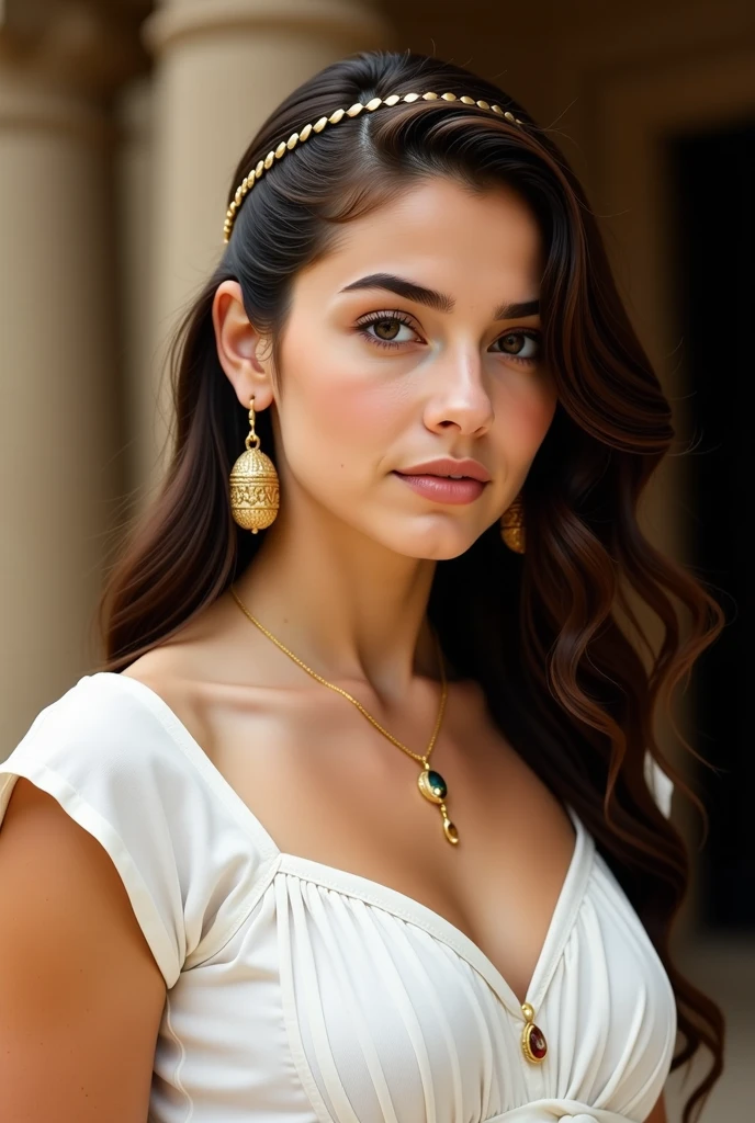  A -yeld yo female daughter of actors Courtney Eaton and Rami Malek .  She has the facial features of both but I inherit Courtney's dark eyes , Courtney's dark hair and Rami's mouth .  She is dressed elegantly like a princess of Egypt in the 1500's with a beautiful and delicate white cotton tunic.  She has gold jewelry and a diedema like those worn by the princesses of Egypt at the time of 1500 .
