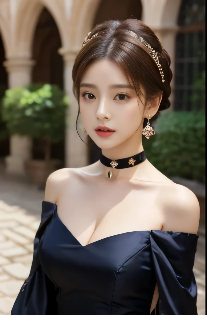 8K resolution, masterpiece, perfect facial features, elegant, beautiful hairstyle, hair accessories, earrings, choker, collarbone, off-shoulder, low-neckline dress, courtyard.