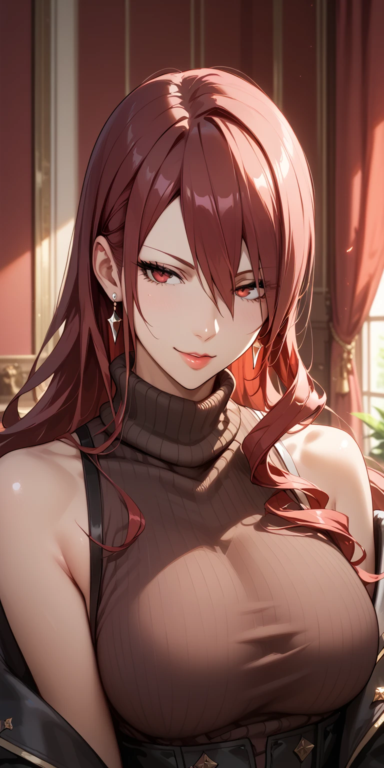 Score_9, Score_8_up, Score_7_up, Source_anime, anime art, anime style, masterpiece, best quality, very aesthetic, 1girl, mature woman, milf, curvaceous, long hair, maroon hair,  sleeveless turtleneck, large breasts, seductive face, upper body, home, kirijodef, hair over one eye, erza