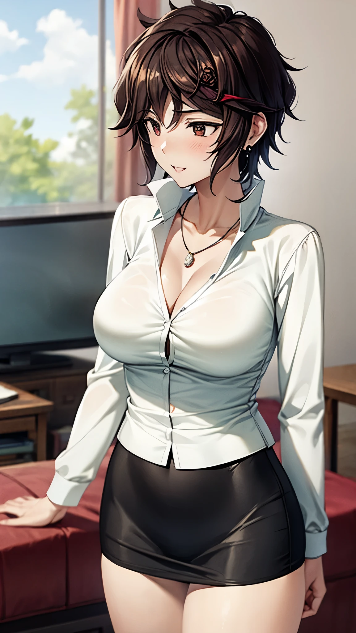 （ super quality, ultra high resolution,16k,super masterpiece,Ultra HD ,Detailed shading and background,）one sexy wife,Short black hair,（A white shirt with a large collar spread wide and standing straight, wide open chest, getting slapped hard by men {x} black pencil skirt,） earrings for a woman alone, Necklaces , gentle smile ,Open thick lips slightly, Living room where the sun shines ,