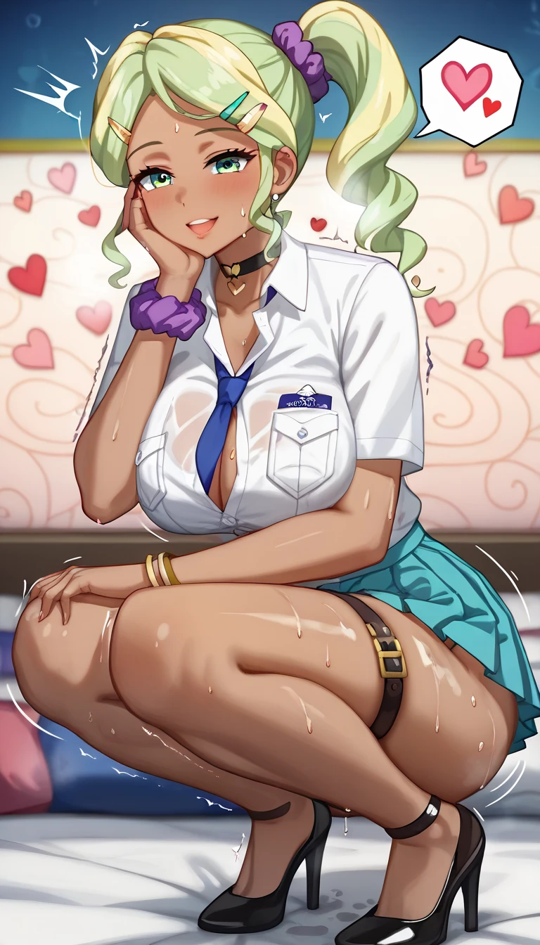 source_anime, (2d), score_9, score_8_up, score_7_up, score_6_up, score_5_up, score_4_up, solo, 1girl, standing, holding phone, looking at phone, hand on hip, gyaru, tanned skin, pink thin lips, choker, makeup, pink eyeshadow, jewelry, smile, patchouli knowledge, mob cap, blonde hair, purple highlights, cowboy shot