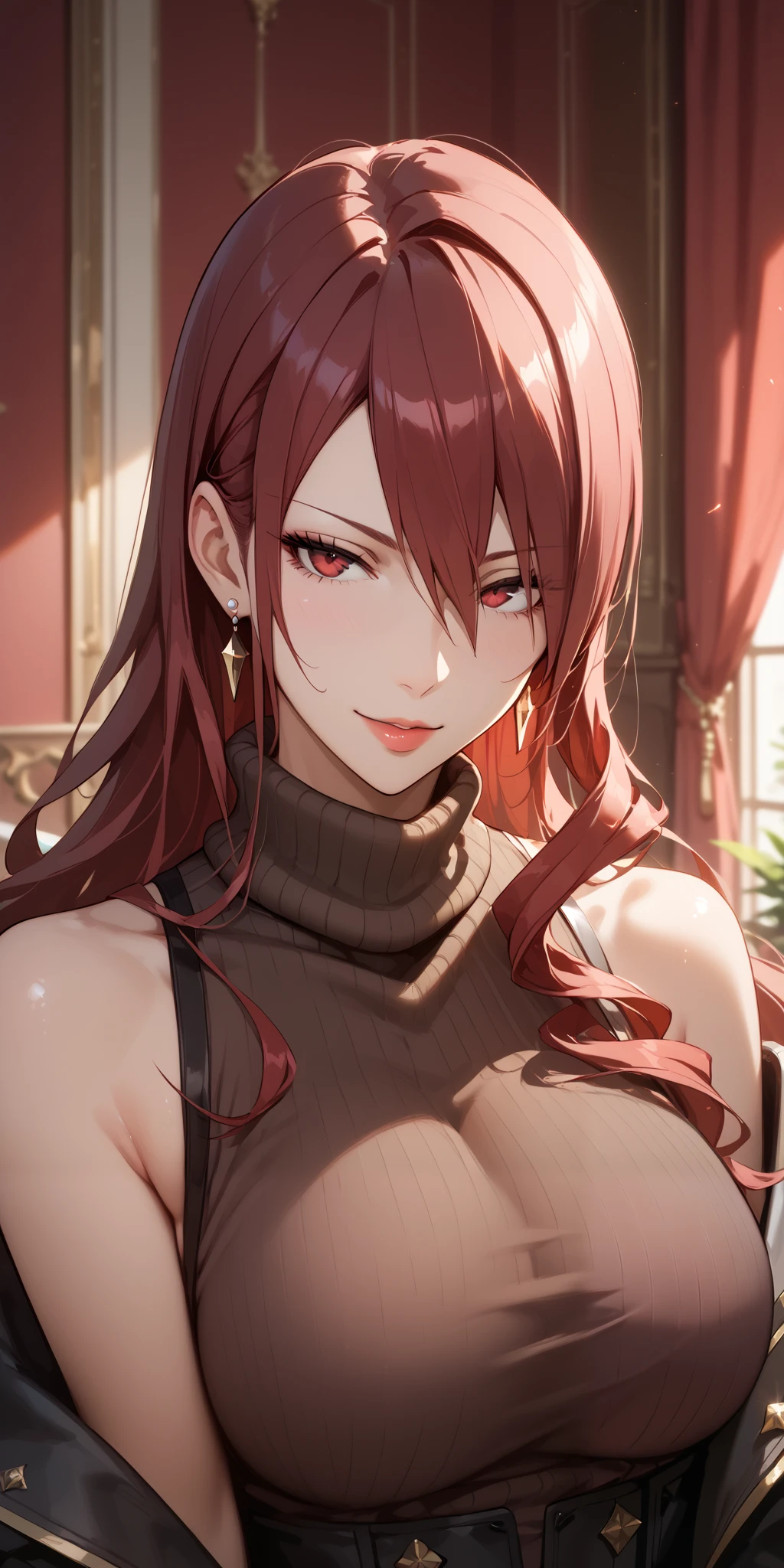 Score_9, Score_8_up, Score_7_up, Source_anime, anime art, anime style, masterpiece, best quality, very aesthetic, 1girl, mature woman, milf, curvaceous, long hair, maroon hair,  sleeveless turtleneck, large breasts, seductive face, upper body, home, kirijodef, hair over one eye, erza